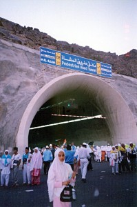 20000319_mina_jamrah_return1 Sun March 19, 2000 (13 Dzulhijjah 1420). Around 6.30 am. My other half at the tunnel exit in Mina 1, upon our return to camp after after completing the final jamrah stonings.
